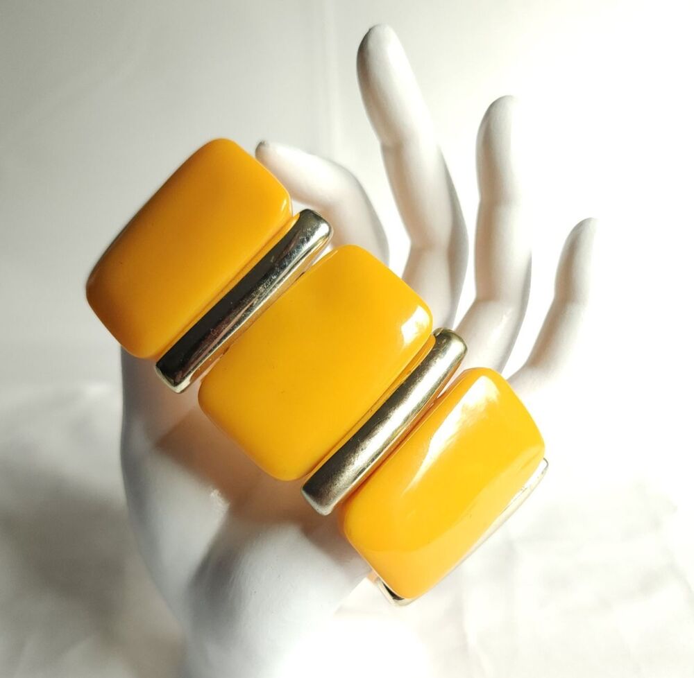 Tangerine Yellow Plastic Wide Stretch Bracelet Chunky Mod Chrome Tone Retro